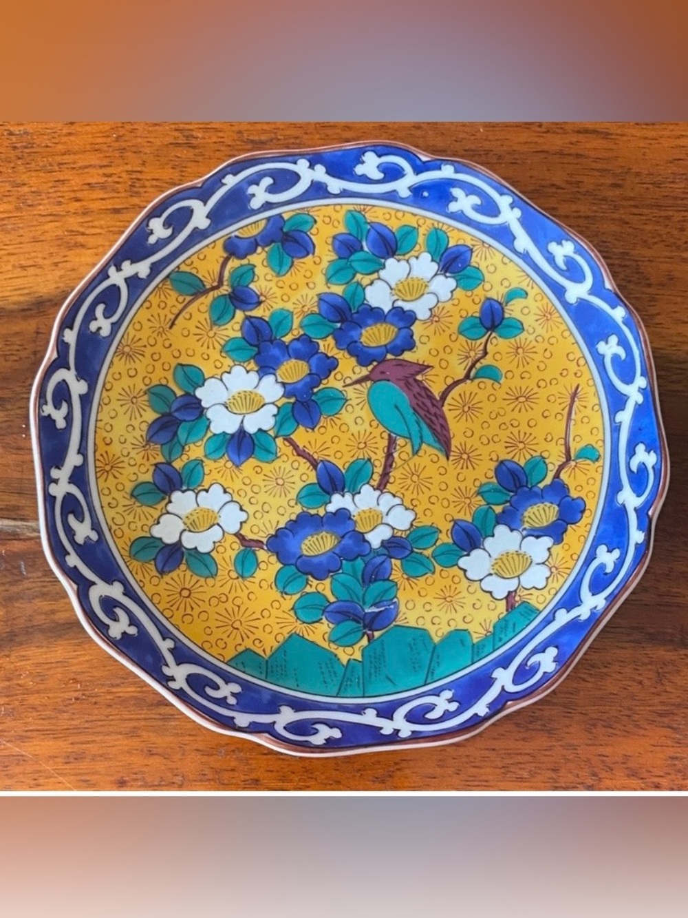 Kutani Takkut Blue and Yellow Ceramic Plate, 5”